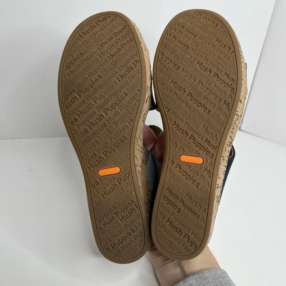 Hush Puppies Bounce Sandals Navy 6.5 M Leather Cork Wedge‎ Heel Stretch Comfort